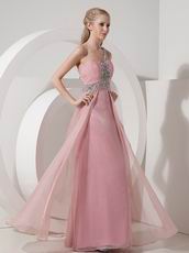 One Shoulder Baby Pink Chiffon Beaded Dress For Prom Wear