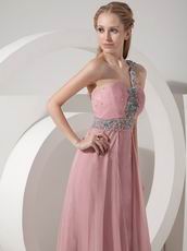 One Shoulder Baby Pink Chiffon Beaded Dress For Prom Wear