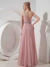 One Shoulder Baby Pink Chiffon Beaded Dress For Prom Wear