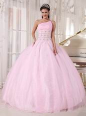 One Shoulder Baby Pink Corset Back Quinceanera Gowns Dress