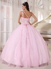 One Shoulder Baby Pink Corset Back Quinceanera Gowns Dress