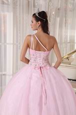 One Shoulder Baby Pink Corset Back Quinceanera Gowns Dress