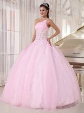 One Shoulder Baby Pink Corset Back Quinceanera Gowns Dress