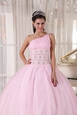 One Shoulder Baby Pink Corset Back Quinceanera Gowns Dress