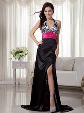 Black and White Printed Zebra Prom Dress With Fuchsia Sash