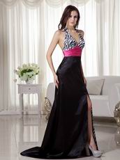 Black and White Printed Zebra Prom Dress With Fuchsia Sash