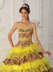 Beautiful Yellow And Leopard Print Layers Design Quinceanera Dress On Sale