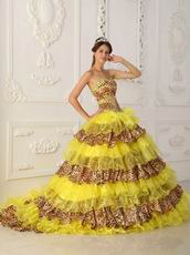 Beautiful Yellow And Leopard Print Layers Design Quinceanera Dress On Sale