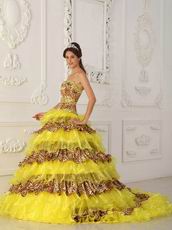 Beautiful Yellow And Leopard Print Layers Design Quinceanera Dress On Sale