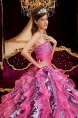 Hot Pink Ball Gown Sweetheart Leopard Print Floor-length Beading Leopard and Organza Quinceanera Dress Sweetheart Hot Pink Organza And Leopard Print Ruffled Quinceanera Dress