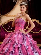 Hot Pink Ball Gown Sweetheart Leopard Print Floor-length Beading Leopard and Organza Quinceanera Dress Sweetheart Hot Pink Organza And Leopard Print Ruffled Quinceanera Dress