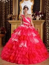 Single Shoulder Sweetheart 2014 Multi-Colored Layer Ruffle Quinceanera Gown