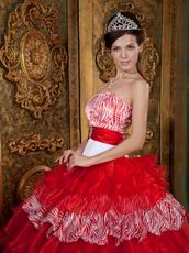 Fashion Zebra And Red Organza Layers Ruffled Skirt Winter Quinceanera Dress