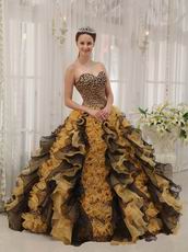 Unique Leopard Print Quinceanera Dress With Black And Yellow Ruffle Skirt