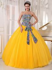 Dark Yellow Quinceanera Dress With Printed Fabric Bodice Design