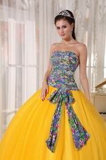 Dark Yellow Quinceanera Dress With Printed Fabric Bodice Design