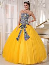 Dark Yellow Quinceanera Dress With Printed Fabric Bodice Design