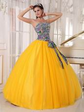 Dark Yellow Quinceanera Dress With Printed Fabric Bodice Design