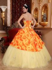 Light Yellow Quinceanera Gowns Dresses With Printed Flower Fabric