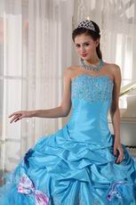 Sky Blue Beaded Bodice Quinceanera Dress With Printed Bowknot