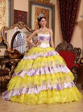Sweetheart Yellow Organza And Printed Layers Dress Quinceanera