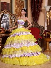 Sweetheart Yellow Organza And Printed Layers Dress Quinceanera