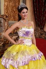 Sweetheart Yellow Organza And Printed Layers Dress Quinceanera