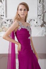 Appliqued One Shoulder Plum Chiffon Long Prom Dress With Split