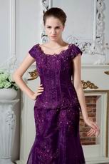 Square Neck Appliques Grape Organza Evening Dress Modest