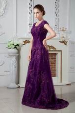 Square Neck Appliques Grape Organza Evening Dress Modest