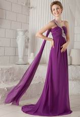 One Shoulder Watteau Purple Chiffon Discount Prom Dress With Split