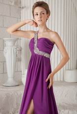 One Shoulder Watteau Purple Chiffon Discount Prom Dress With Split