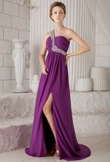 One Shoulder Watteau Purple Chiffon Discount Prom Dress With Split