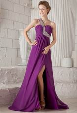 One Shoulder Watteau Purple Chiffon Discount Prom Dress With Split