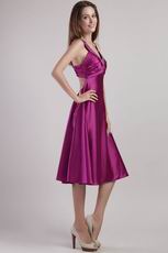 V-neck Cross Back Fuchsia Tea Length Pageant Celebrity Dress