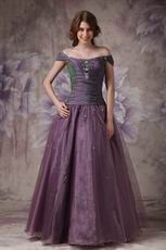 Purple Off The Shoulder Evening Gowns With Beading