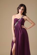 Dark Purple Cross Back Prom Dress With One Shoulder Split Skirt