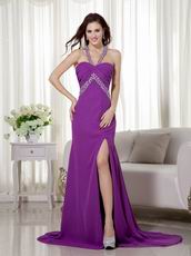 Sexy Halter V-Neck Purple Open Back La Prom Dress With Side Split