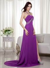 Sexy Halter V-Neck Purple Open Back La Prom Dress With Side Split