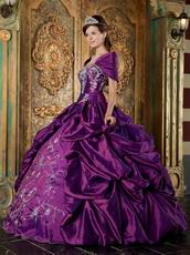 Strapless Purple Embroidered Quinceanera Gown With Shawl