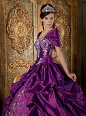 Strapless Purple Embroidered Quinceanera Gown With Shawl