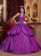 Applique Emberllish Dark Magenta Halter Quinceanera Gown