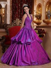 Applique Emberllish Dark Magenta Halter Quinceanera Gown