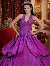 Applique Emberllish Dark Magenta Halter Quinceanera Gown