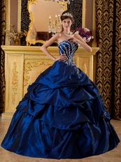 Dark Blue Appliqued Floor Length Quinceanera Dress Gown