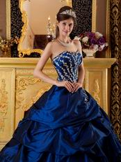 Dark Blue Appliqued Floor Length Quinceanera Dress Gown