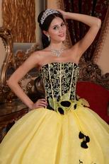 Yellow Embroidery Quinceanera Gown With Handmade Flowers