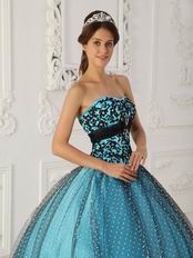 Pretty Dotted Tulle Fabric Prom Ball Gown With Black Applique