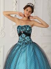 Pretty Dotted Tulle Fabric Prom Ball Gown With Black Applique