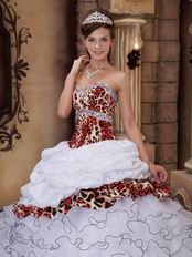 Cascade Skirt White Quinceanera Dress With Leopard Fabric